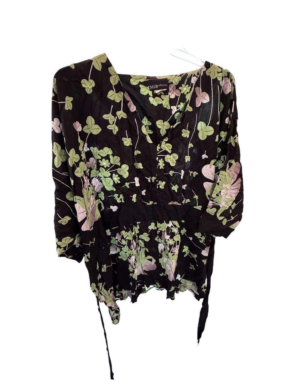 Black Floral V-Neck Tunic Top in Green & Pink